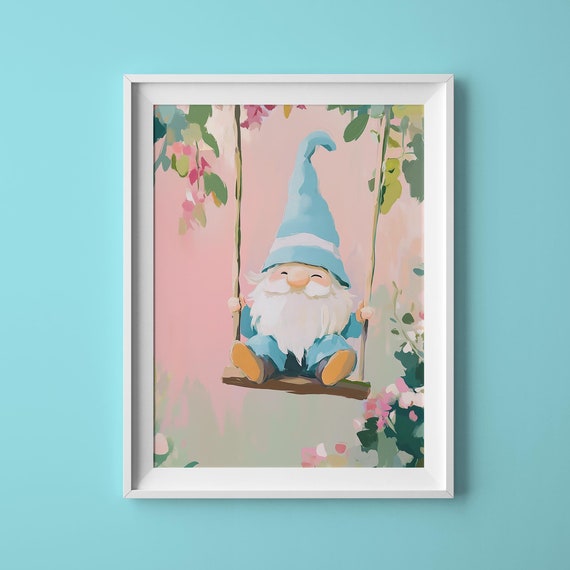 Cute Garden Gnome On Swing Painting Gnome With Flowers Whimsical Gnome Gnome With Vines Cozy Gnome Scene Pastel Blue Hat Gnome Art