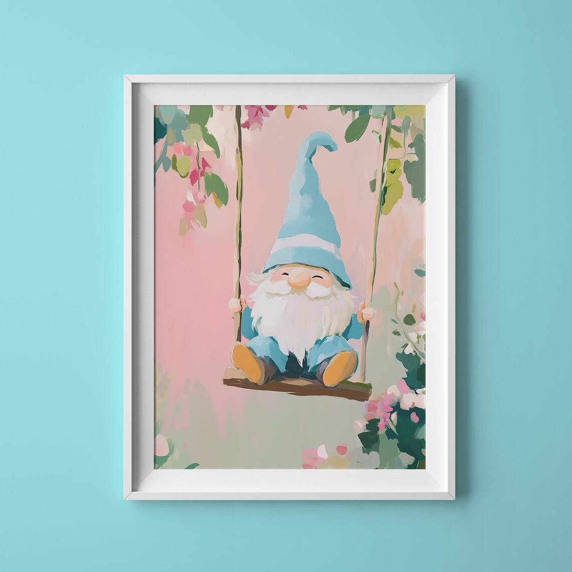 Smiling Garden Gnome On A Swing In Pink Blossom Garden Art Poster