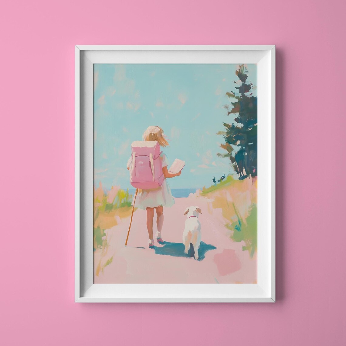 Girl with Pink Backpack and Dog Walking Path to the Sea Art Poster
