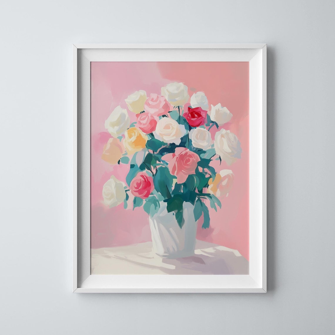 Pastel Rose Painting White Vase Art Pink Red Roses Art Floral Vase Painting Pastel Flower Art Rose Bouquet Art Pastel Floral Decor