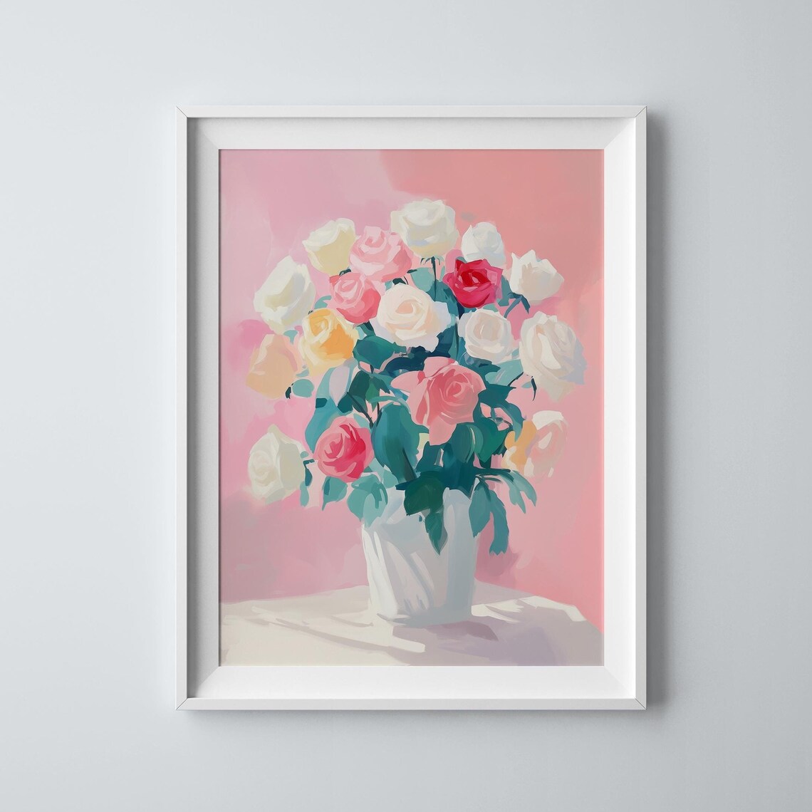Pink White Roses Bouquet In White Vase Romantic Floral Art Poster