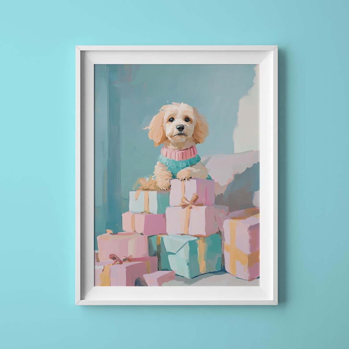 Fluffy Cream Puppy In Sweater Sitting Among Pastel Gift Boxes Poster