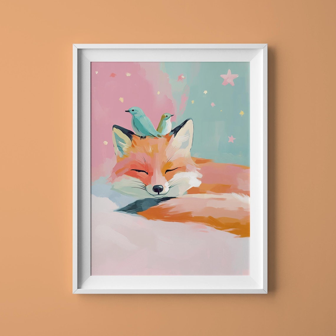 Cute Fox With Birds Print Pastel Fox Art Fox With Stars Winter Fox Art Fox In Snowflakes Wall Art Starry Night Fox Bird On Fox Art