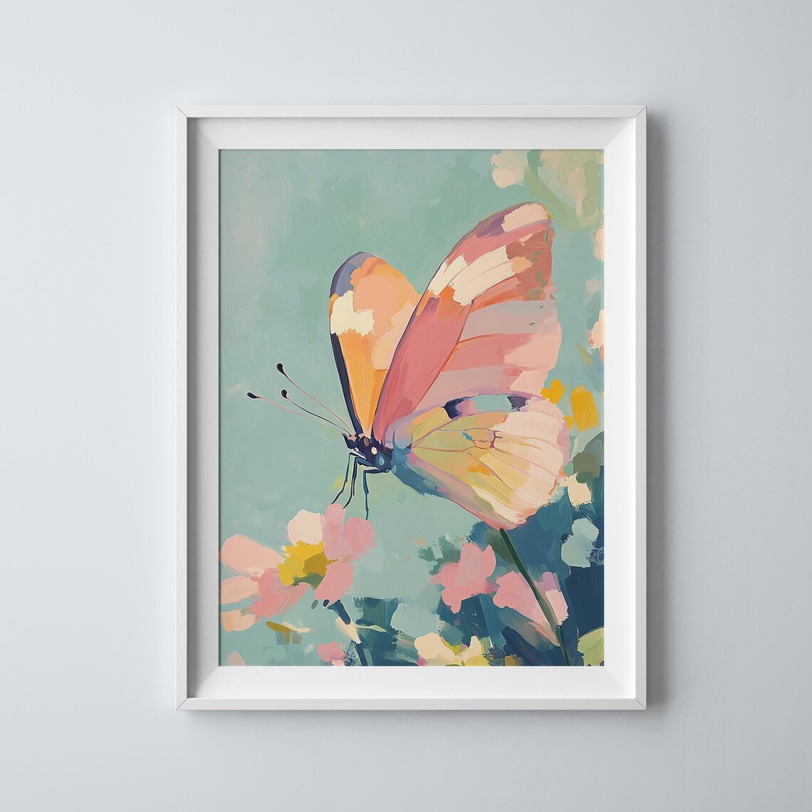 Pastel Butterfly On Pink Flowers Mint Green Garden Spring Art Poster