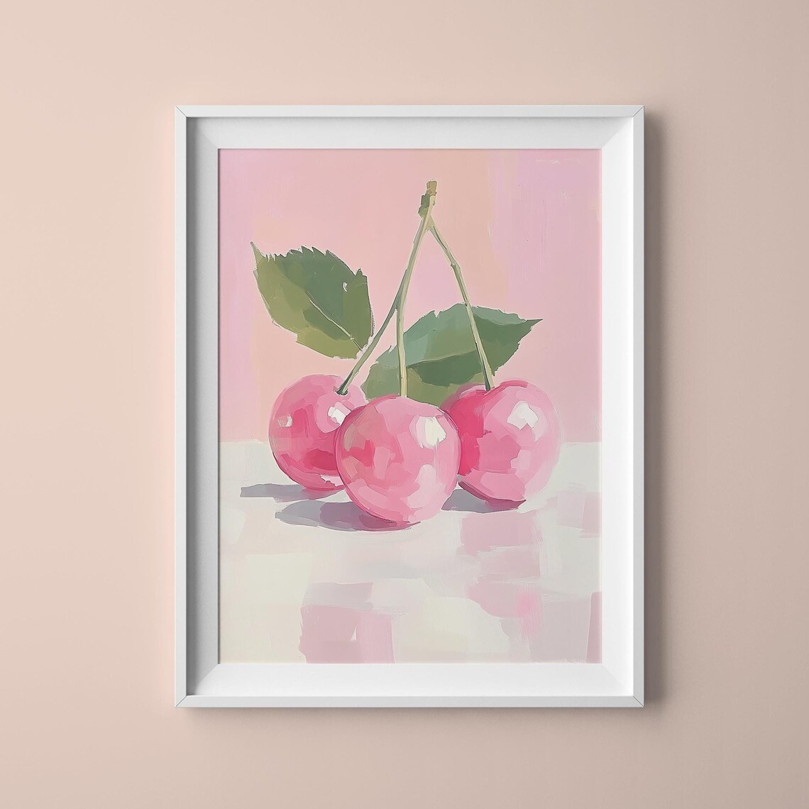 Three Pink Cherries With Green Leaves Pastel Watercolor Fruit Poster