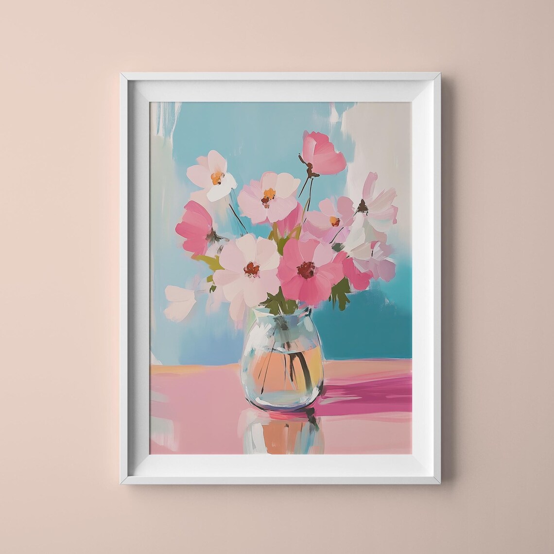 Pink Cosmos Flowers Glass Vase Pink Table Pastel Floral Art Poster
