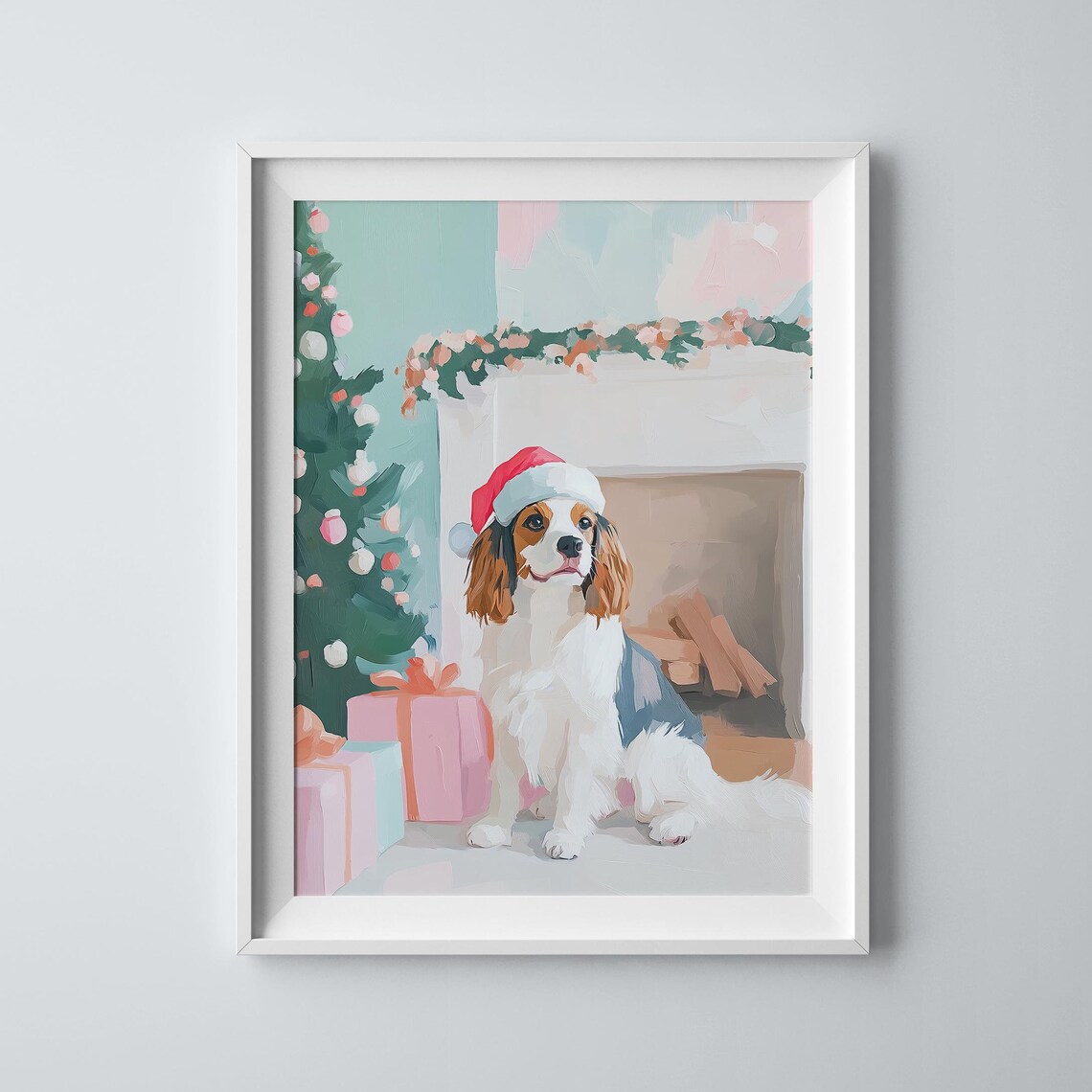Cavalier King Charles Spaniel In Santa Hat By The Fireplace Print