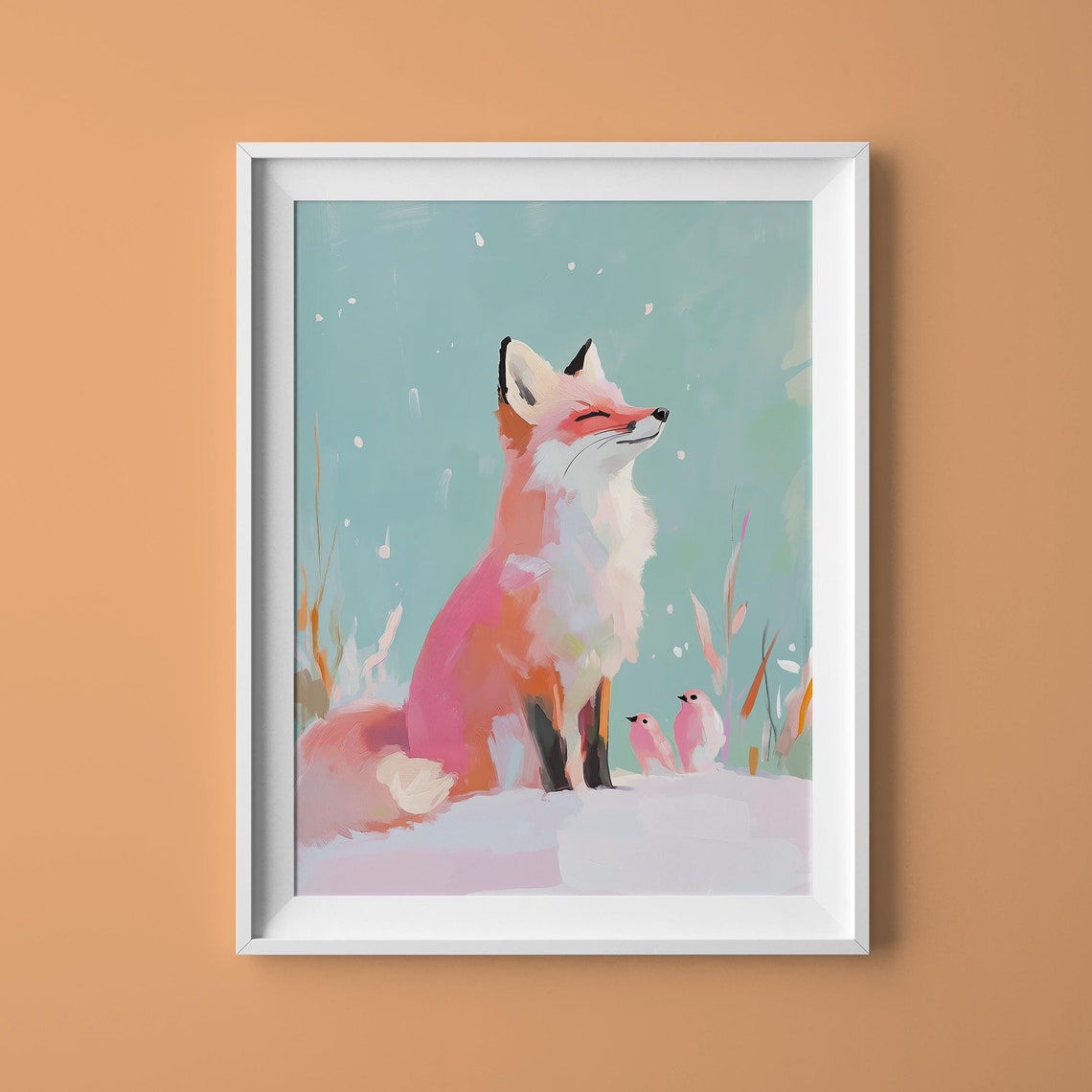 Cute Fox With Birds Print Pastel Fox Art Fox With Stars Winter Fox Art Fox In Snowflakes Wall Art Starry Night Fox Bird On Fox Art