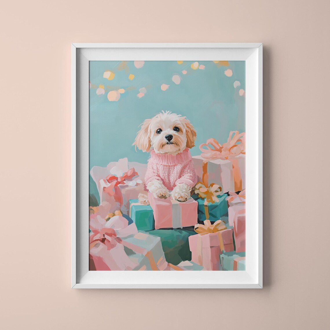 Cream Puppy In Pink Knit Sweater On Pastel Gift Boxes Holiday Poster