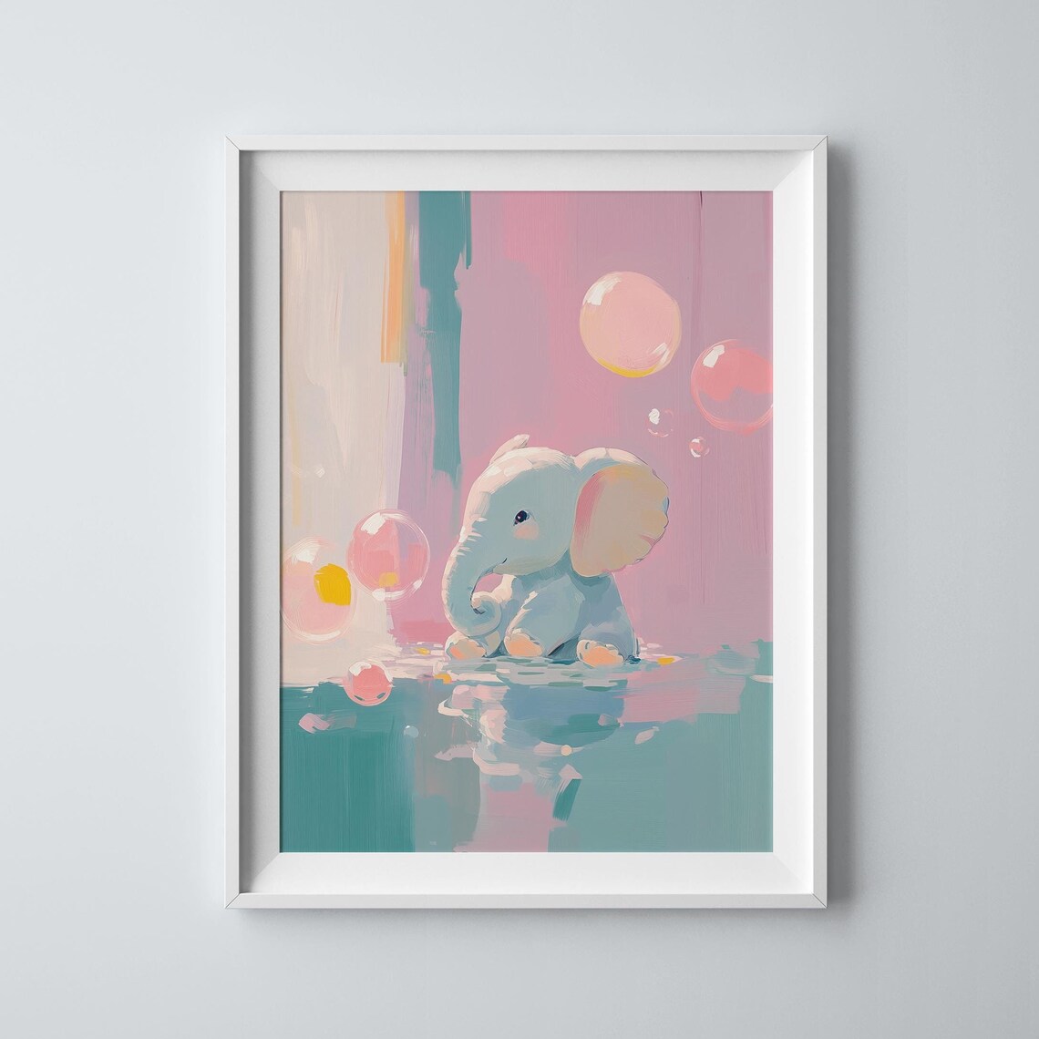Baby Elephant Playing in Water with Pastel Bubbles Nursery Art Poster