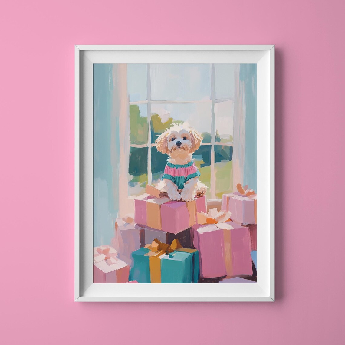 Fluffy Puppy In Striped Sweater On Gifts By Bright Window Print
