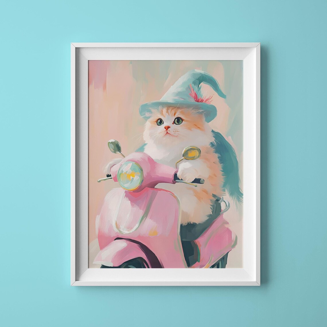 Cute Kitten Riding Pink Scooter Wizard Hat Pastel Cat Portrait Poster