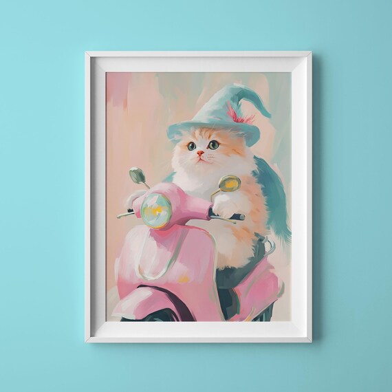 Cute Kitten Riding Pink Scooter Wizard Hat Pastel Cat Portrait Poster