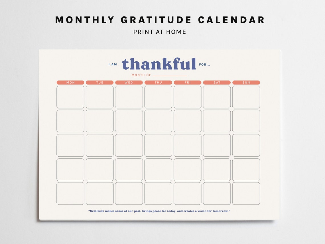 Monthly Gratitude Calendar I Am Thankful For Printable Planner Poster