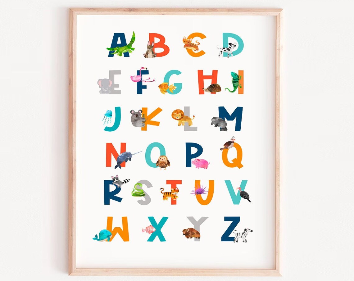 Blue Alphabet Animal Nursery Decor Art Print