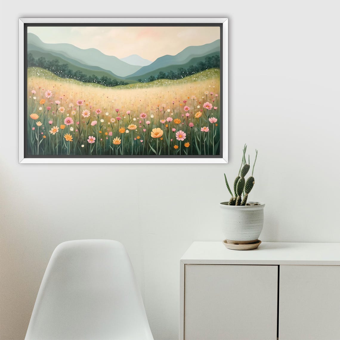 Sunlit Wildflower Meadow With Soft Green Rolling Mountains Poster - Image 2