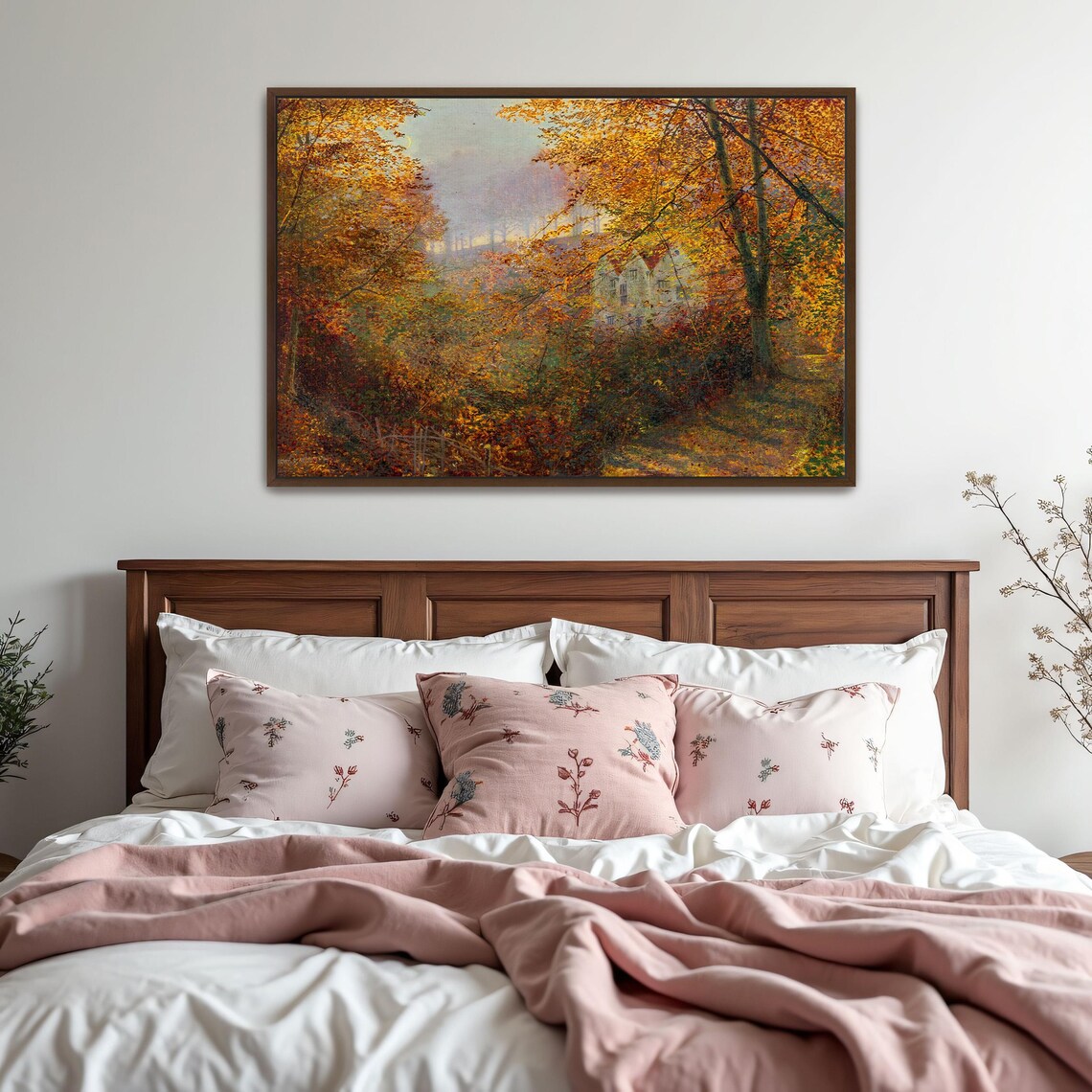 Framed Wall Art Of Autumnal Forest With House Landscape Print Brown And Green Bedroom Artwork Victorian Oil Painting - Image 5