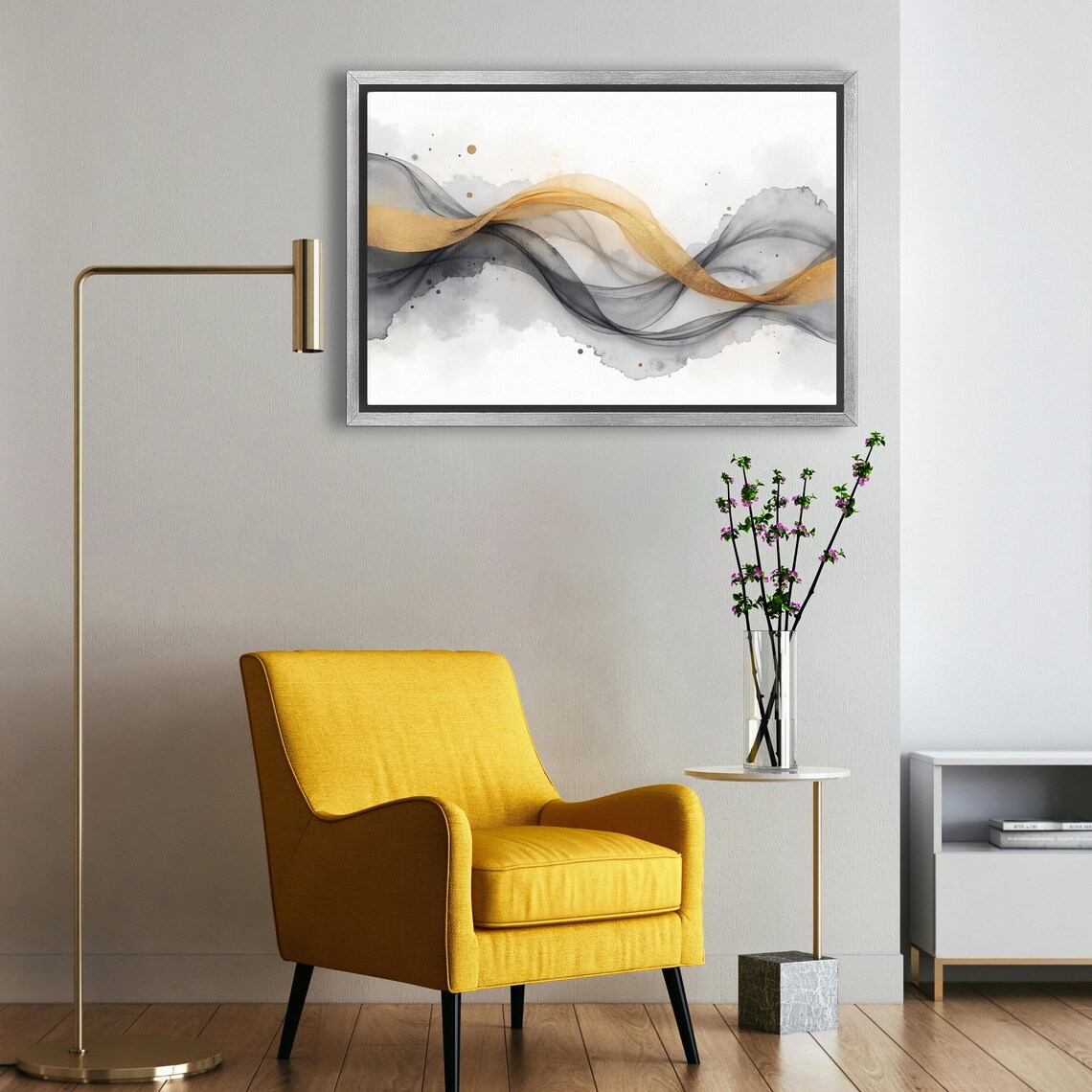 Golden Ribbon Swirl Drifting In Smoky Grey Watercolor Abstract Poster - Image 5