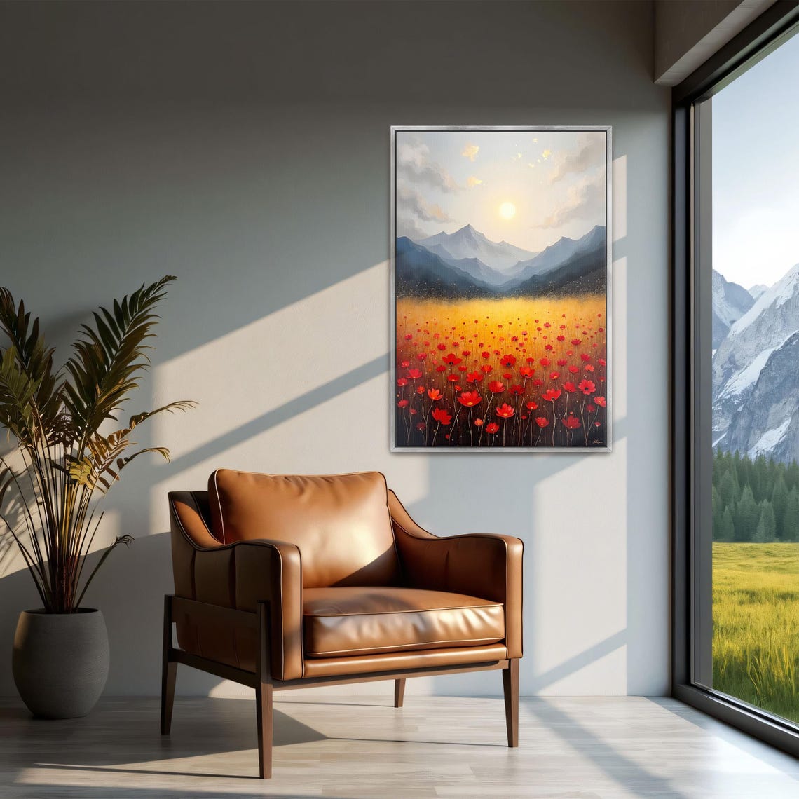 Vast Red Flowers Field At Sunset Beneath A Mountain Range Poster - Image 2