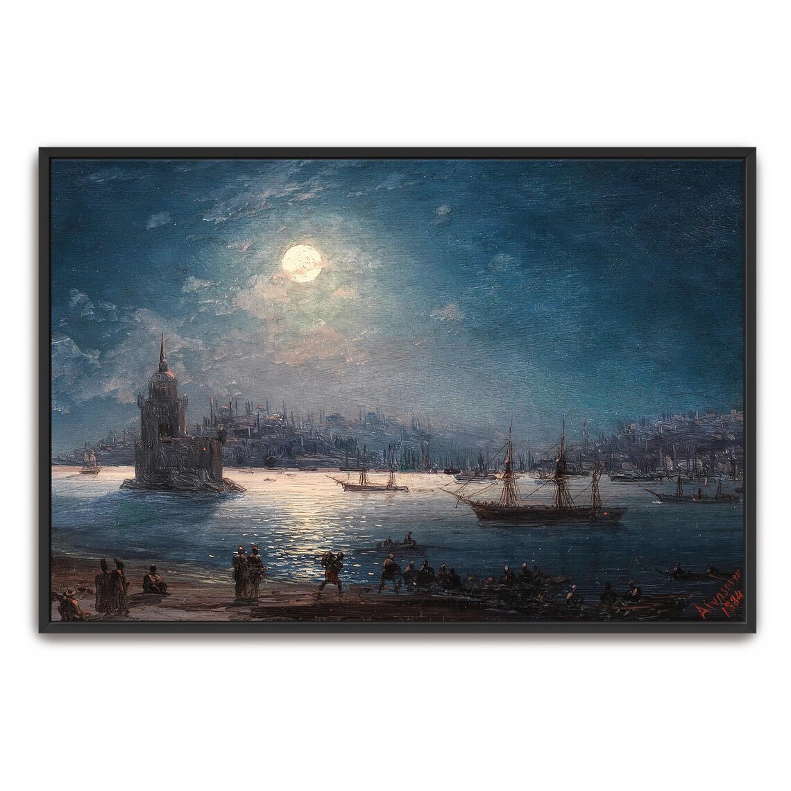 Moonlit Constantinople Harbor With Maiden Tower Vintage Art Print