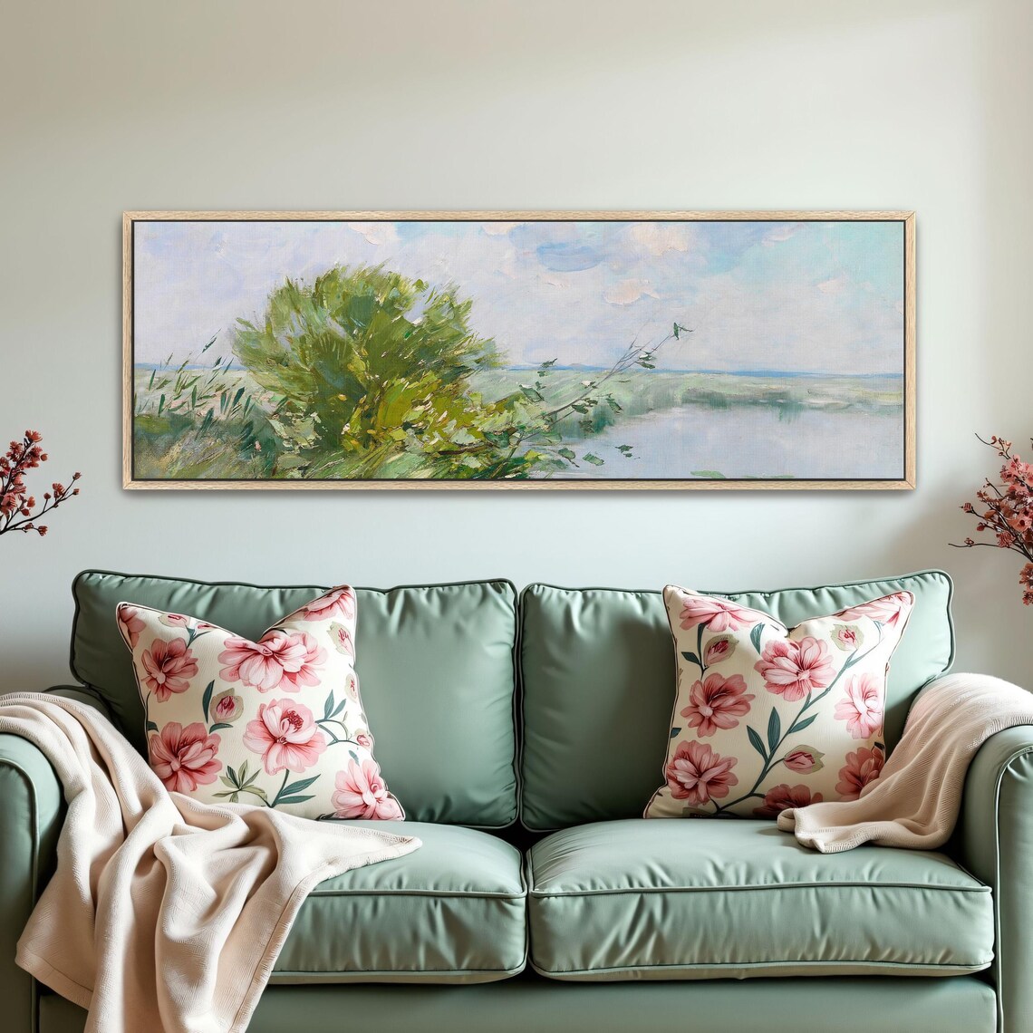 Impressionist Landscape With Green Trees And Water Panoramic Wall Art Horizontal Framed Art Above Bed Wall Art Bedroom And Living Room - Image 5