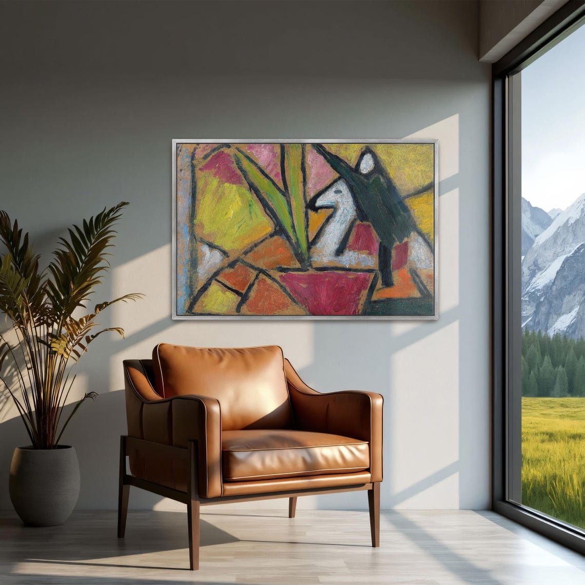 Framed Wall Art Of Abstract Painting Of A White Animal Animal Fine Art Print Green And Yellow Living Room Decor Rustic Oil Painting - Image 2