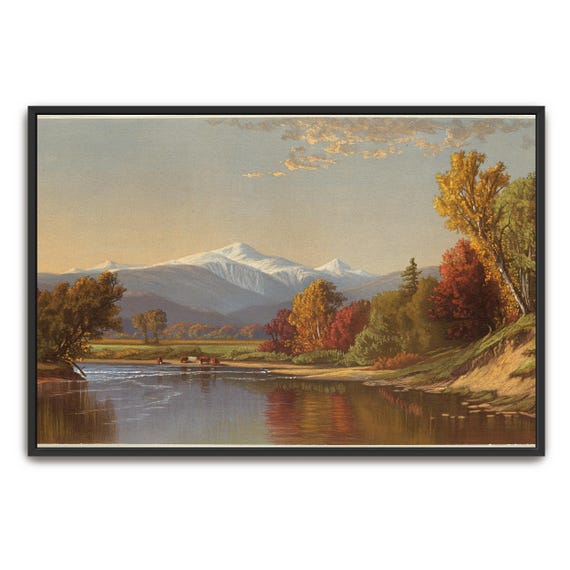 Large Framed Print Of Autumnal Mountain Landscape With River Landscape Print Green And Brown Entryway Art Print