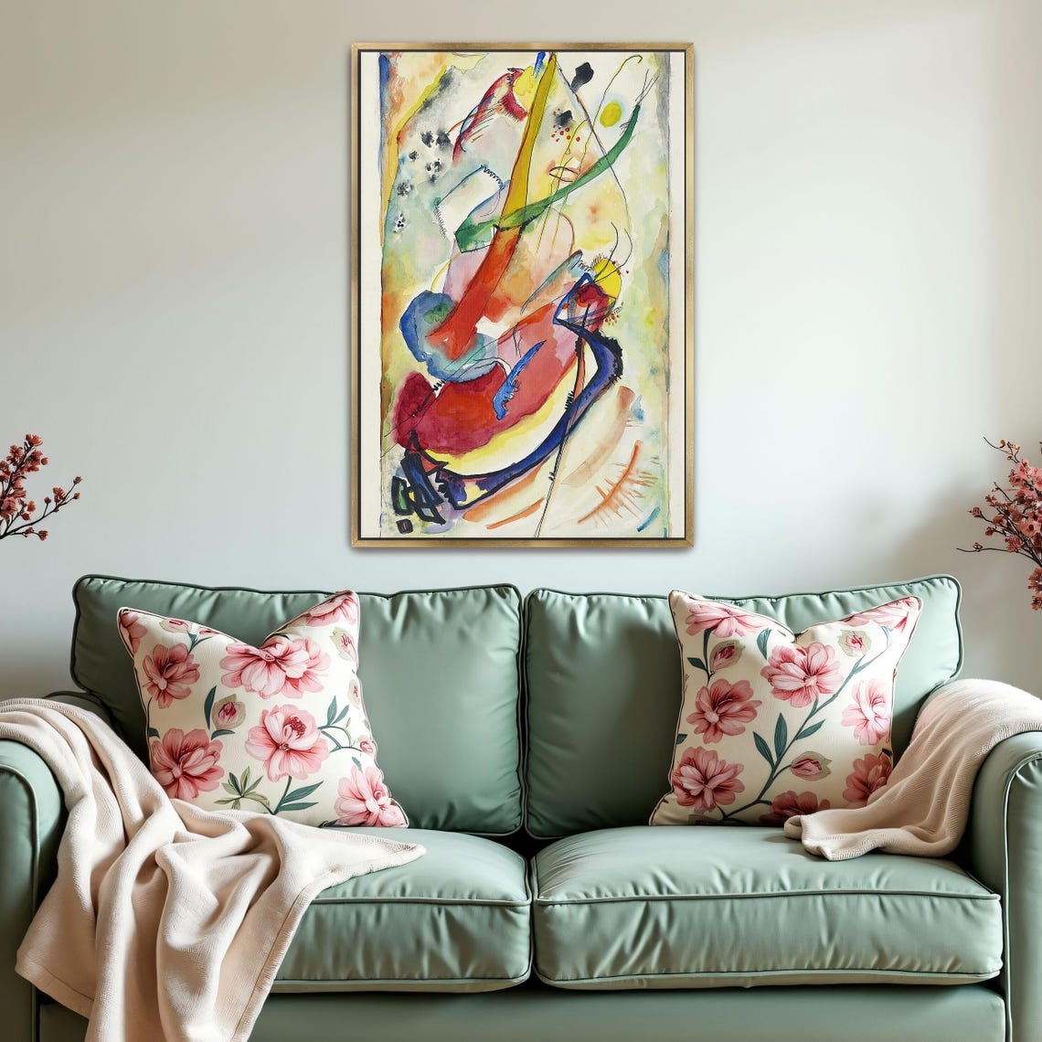 Framed Print Of Abstract Watercolor Painting With Colorful Shapes Geometric Fine Art Print Yellow And Red Living Room Decor
