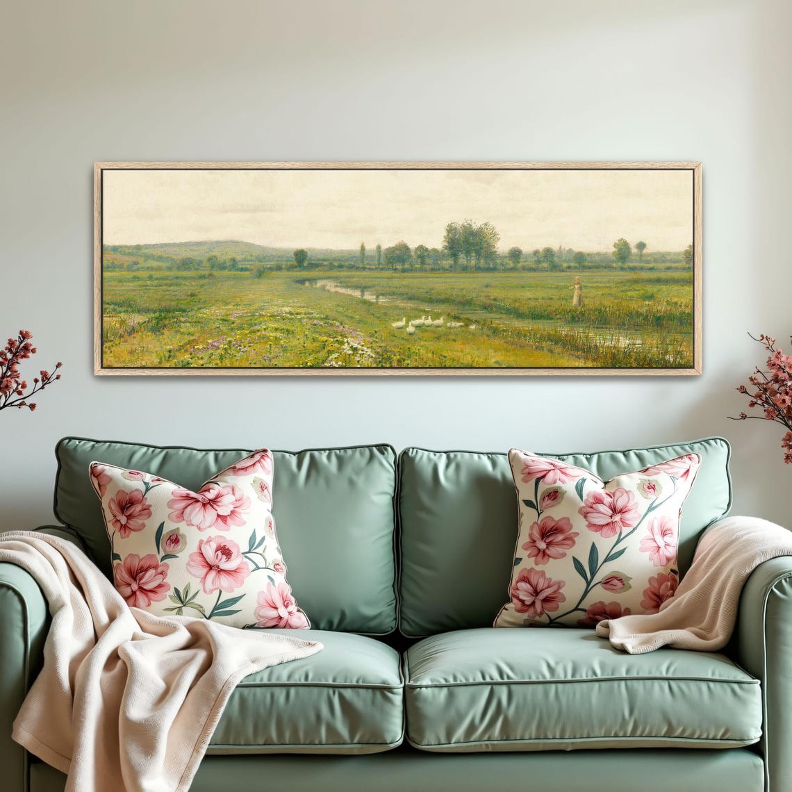 Peaceful Meadow With Ducks and a Woman by a Winding Stream Poster