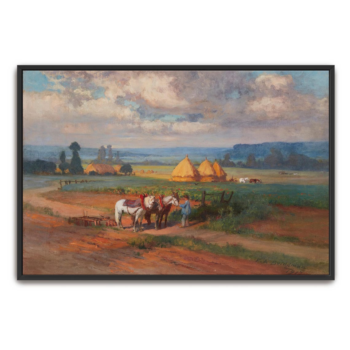 Harvest Scene With Horses and Haystacks Vintage Oil Art Print
