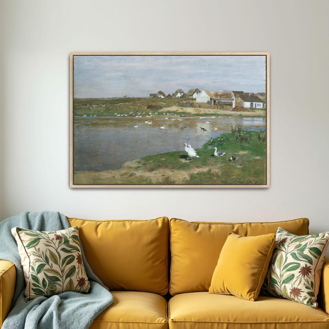 Geese on a Village Lake Farmhouse Waterside Landscape Poster - Image 5