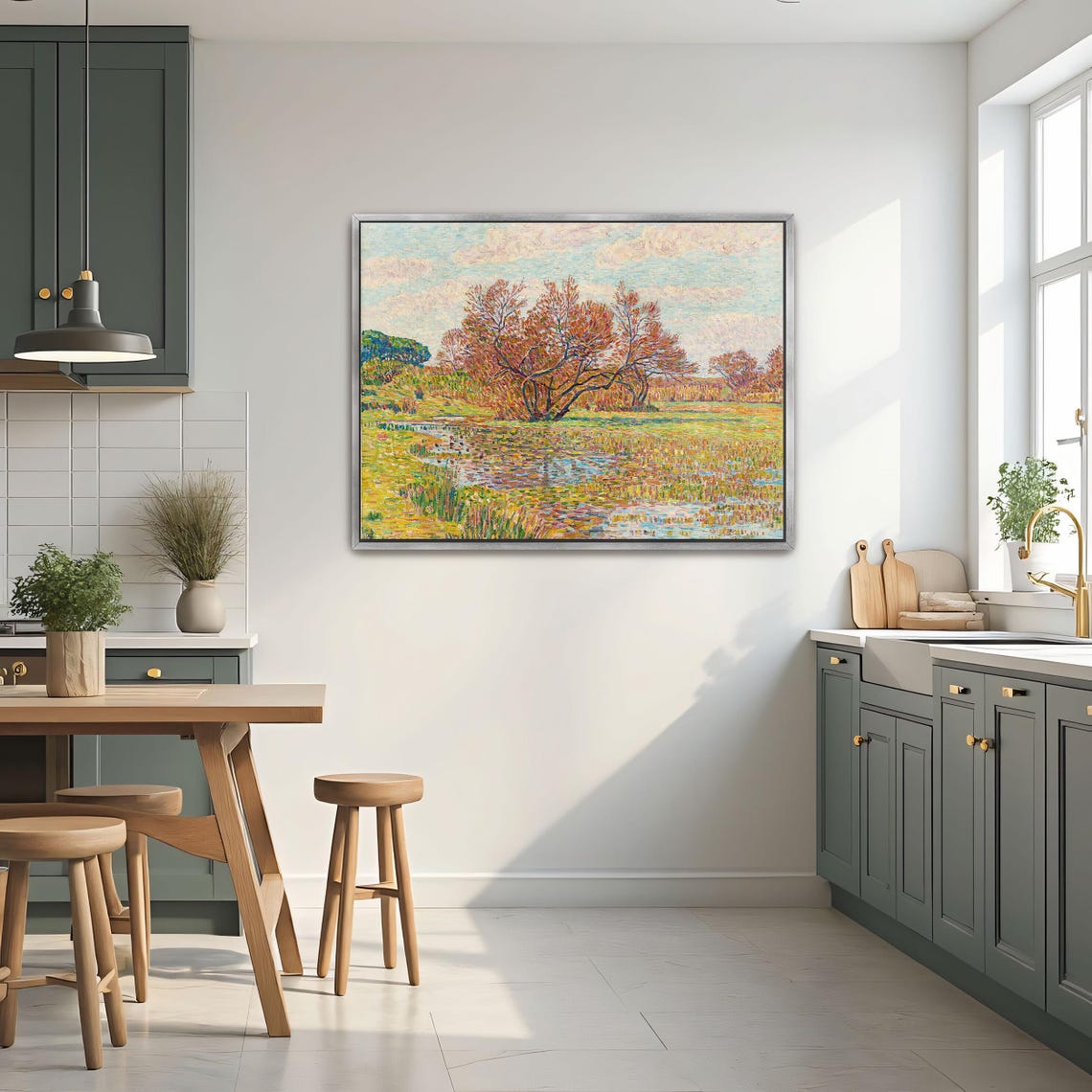 Autumn Trees by a River Pointillist Landscape Painting Poster - Image 3