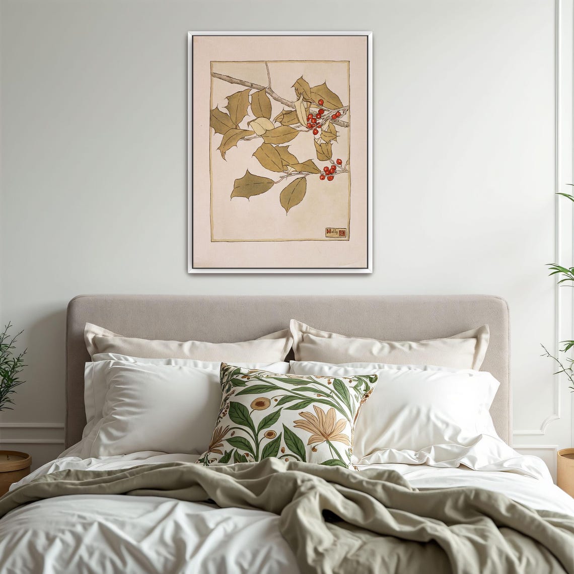 Holly Branch with Red Berries Japanese Style Botanical Poster - Image 3