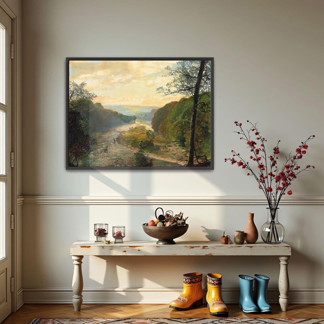 River Valley Landscape With Trees Golden Sky Oil Painting Poster - Image 3