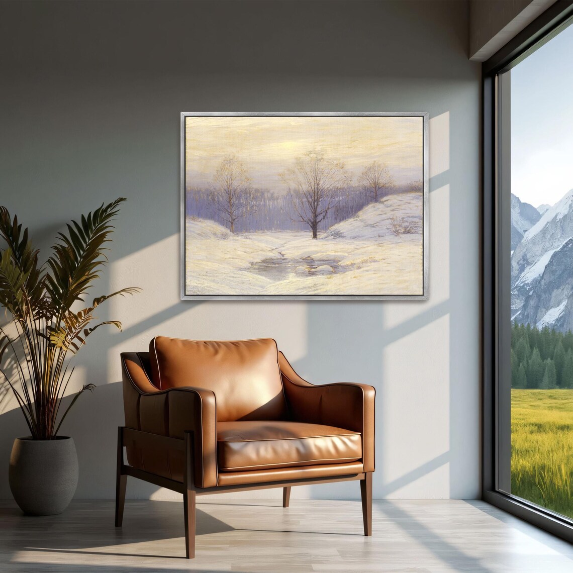 Framed Print Of Snowy Landscape With Trees And Stream Landscape Fine Art Print White And Blue Bedroom Decor Rustic Oil Painting - Image 2