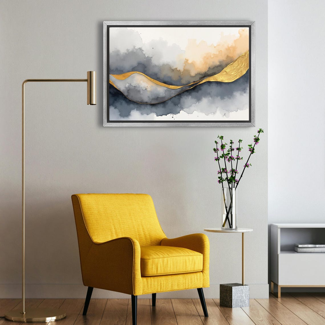 Gold Ribbon Swoosh Through Storm Grey And Amber Clouds Abstract Poster - Image 5
