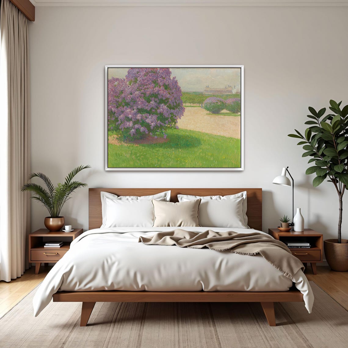 Blooming Lilac Bush in a Sunlit Park Impressionist Scene Poster