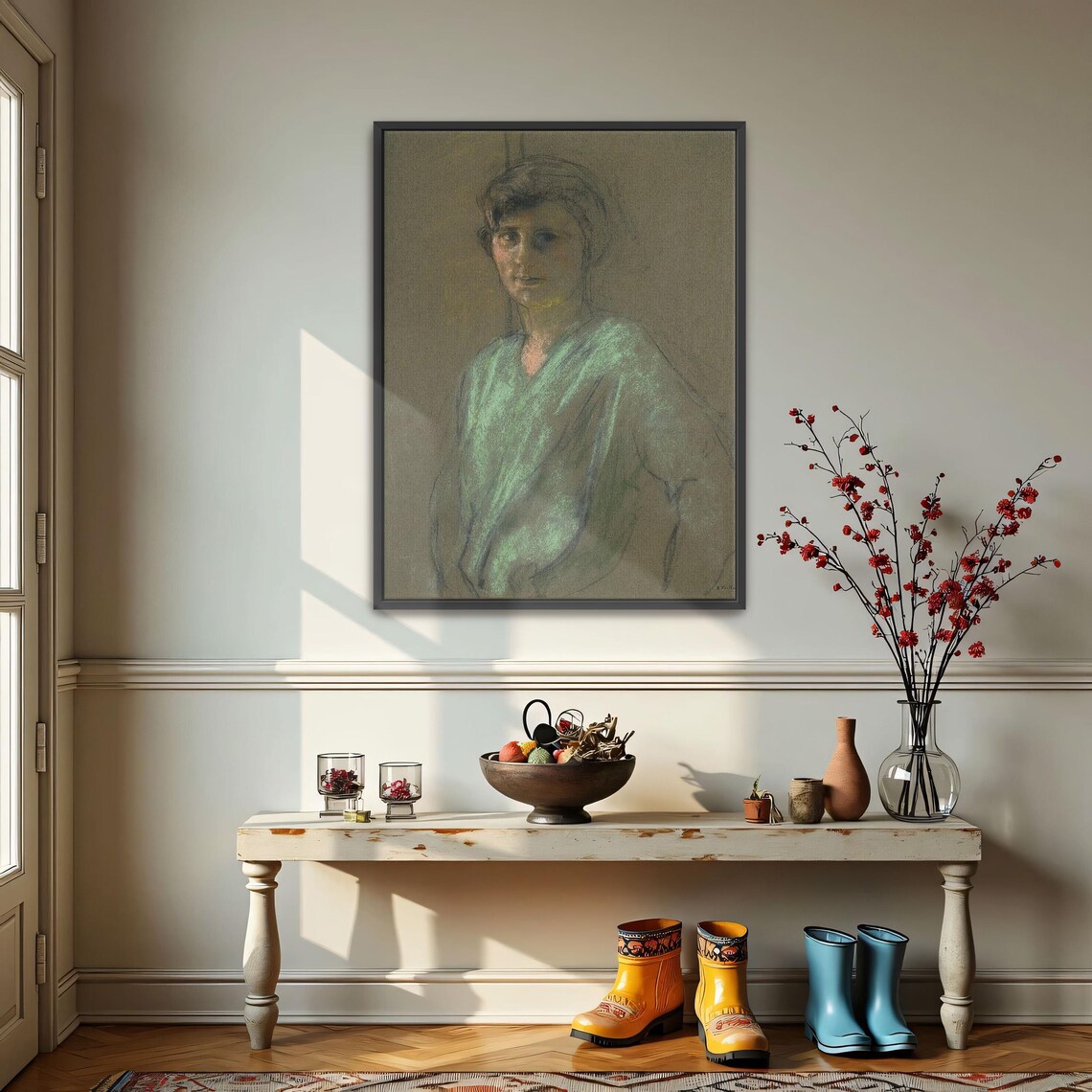 Portrait of a Woman in Green Vintage Pastel Drawing Art Print - Image 3