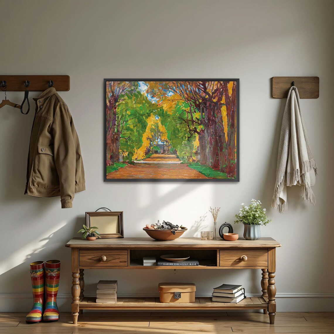 Framed Wall Art Of Autumnal Tree Lined Path Landscape Wall Art Green And Brown Living Room Artwork Rustic Oil Painting - Image 4