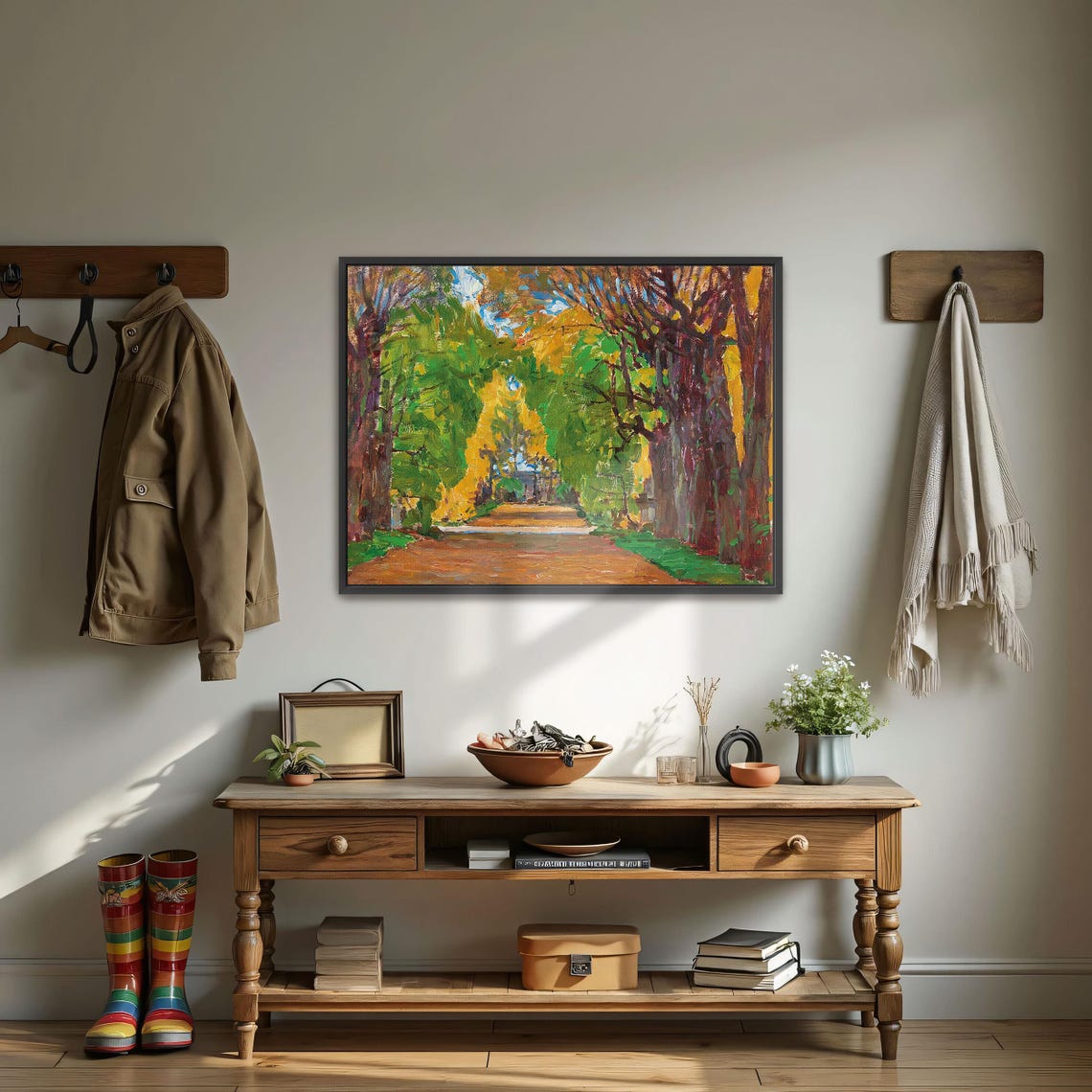 Golden Autumn Tree Lined Path in Glowing Light Landscape Art Poster - Image 4