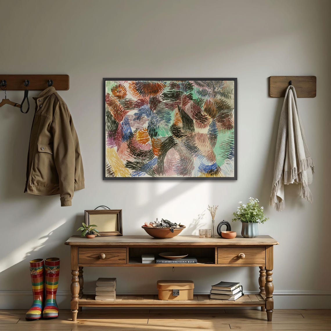 Paul Klee Framed Wall Art Abstract Watercolor Painting With Swirling Shapes Geometric Wall Art Brown And Green Living Room Art - Image 3