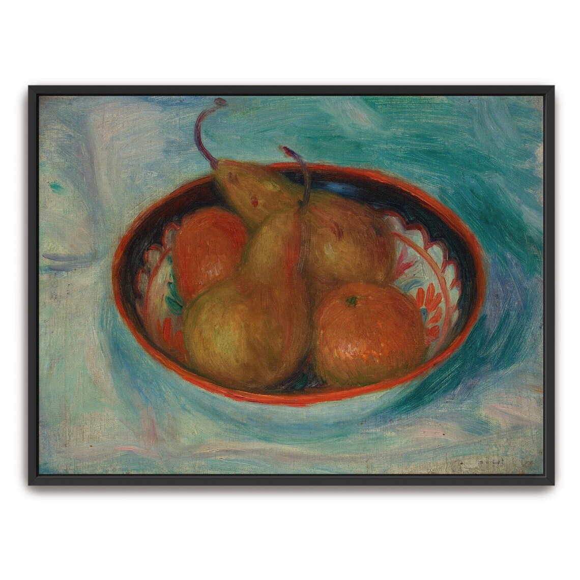 Bowl Of Pears And Oranges Still Life On Turquoise Background Poster