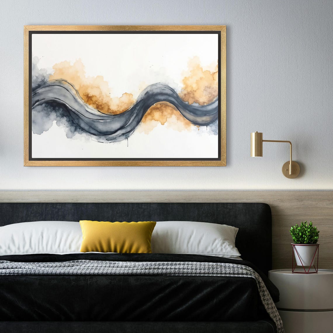 Charcoal Ribbon Wave With Warm Amber Watercolor Wash Abstract Poster - Image 4