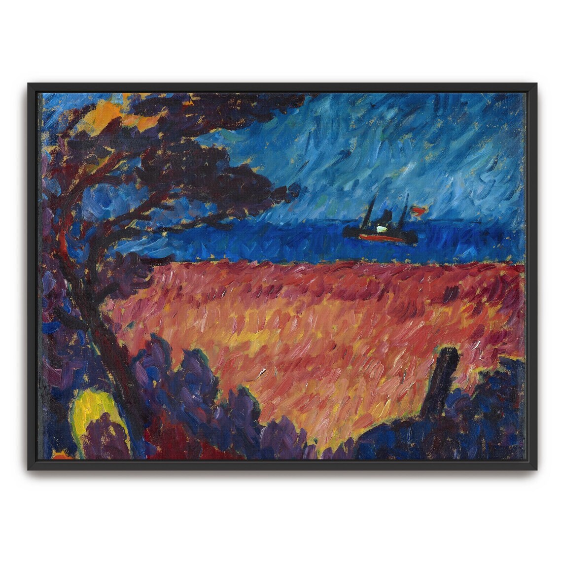 Framed Wall Art Of Seascape With Tree And Ship Landscape Wall Art Blue And Red Entryway Artwork Bohemian Oil Painting Abstract Art