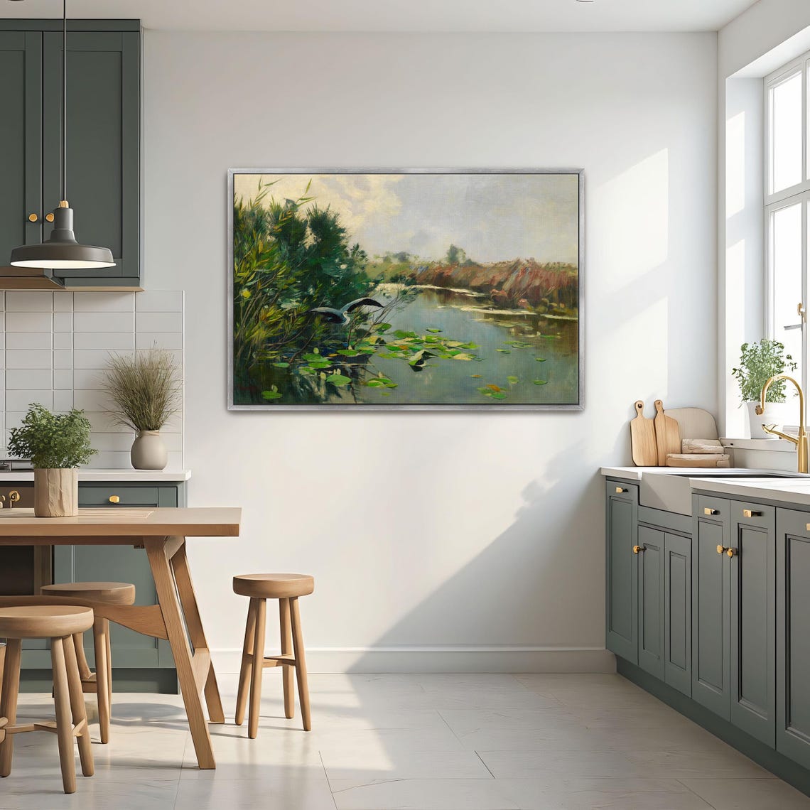 Heron in Flight Over a Lily Marsh Serene River Landscape Poster - Image 3