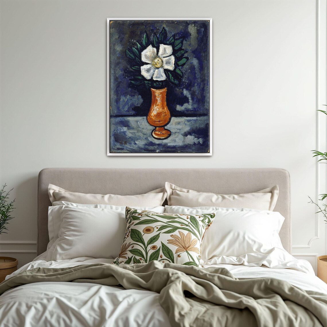 White Flower in an Orange Vase Modernist Still Life Painting Poster - Image 3