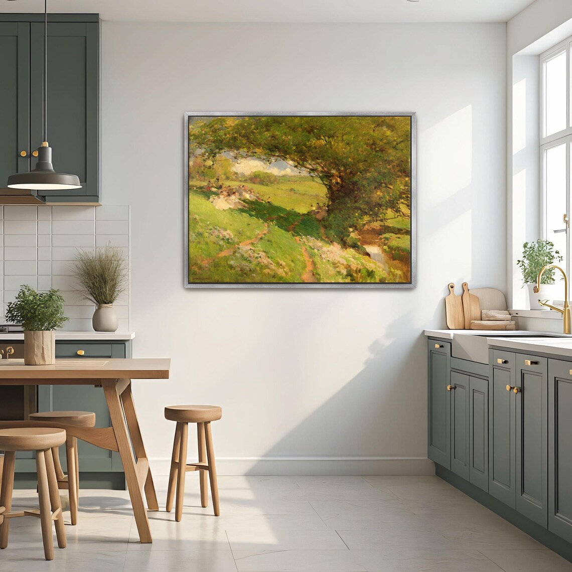 Framed Print Of A Group Of People Rest Under A Tree In A Green Field Landscape Fine Art Print Green And Brown Entryway Artwork - Image 2