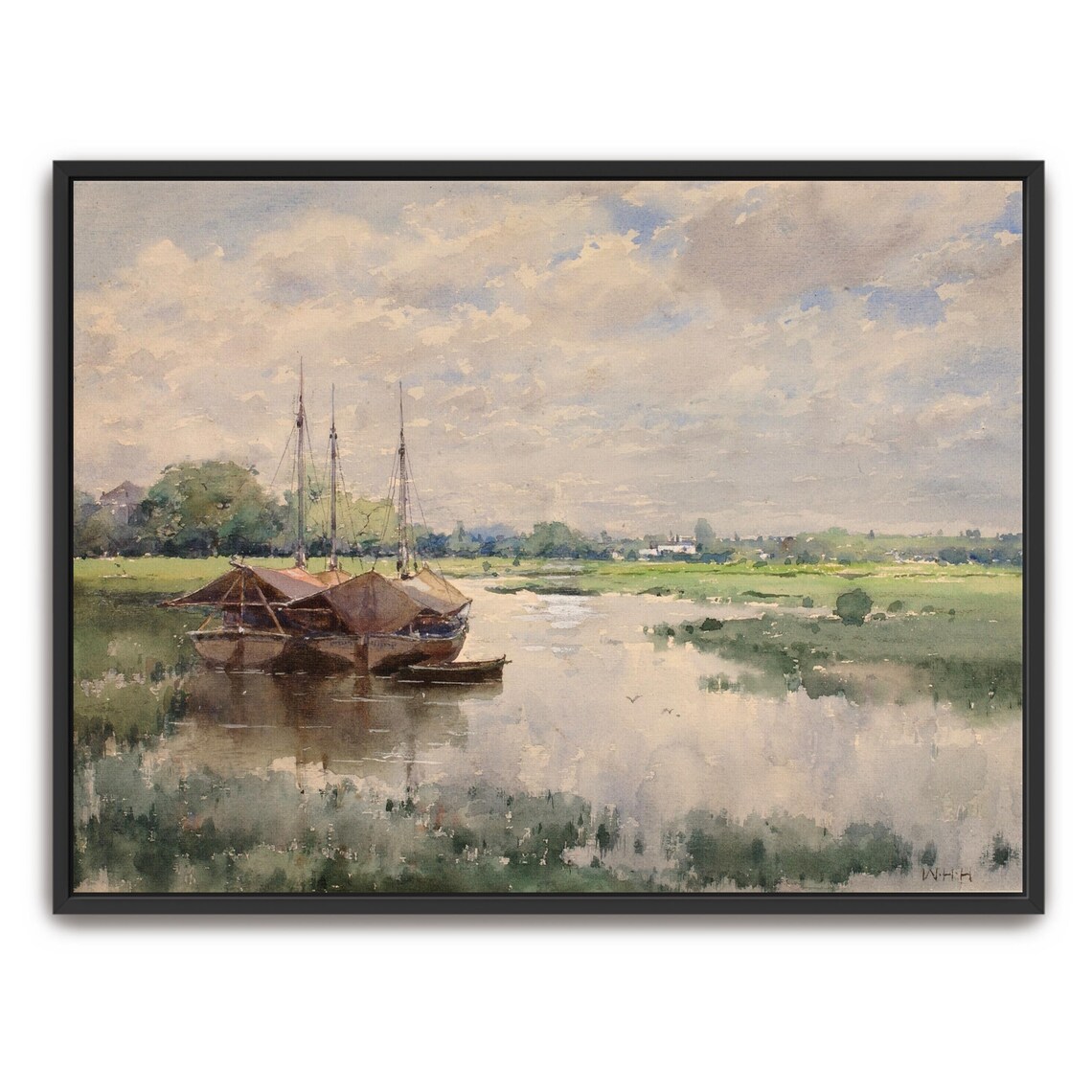 Large Framed Print Of River Scene With Boats And Trees Landscape Wall Art Green And Blue Bedroom Artwork Minimalist Art