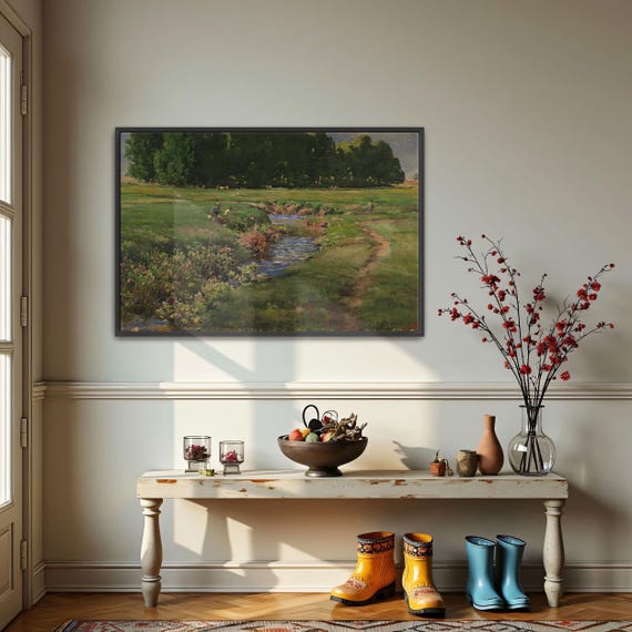 Framed Wall Art Of Stream Flows Through Green Field Landscape Print Green And Blue Entryway Decor Rustic Watercolor Painting