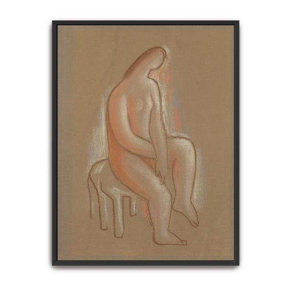 Large Framed Print Of Seated Nude Figure On A Stool Portrait Fine Art Print Beige And White Bedroom Artwork Pink And Brown Art